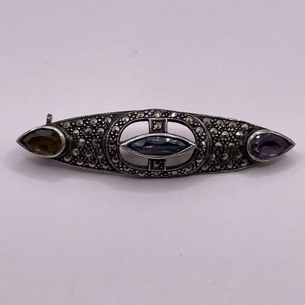 925 Sterling Silver Vintage Blue Topaz‎ Amethyst Citrine & Marcasite Brooch Pin